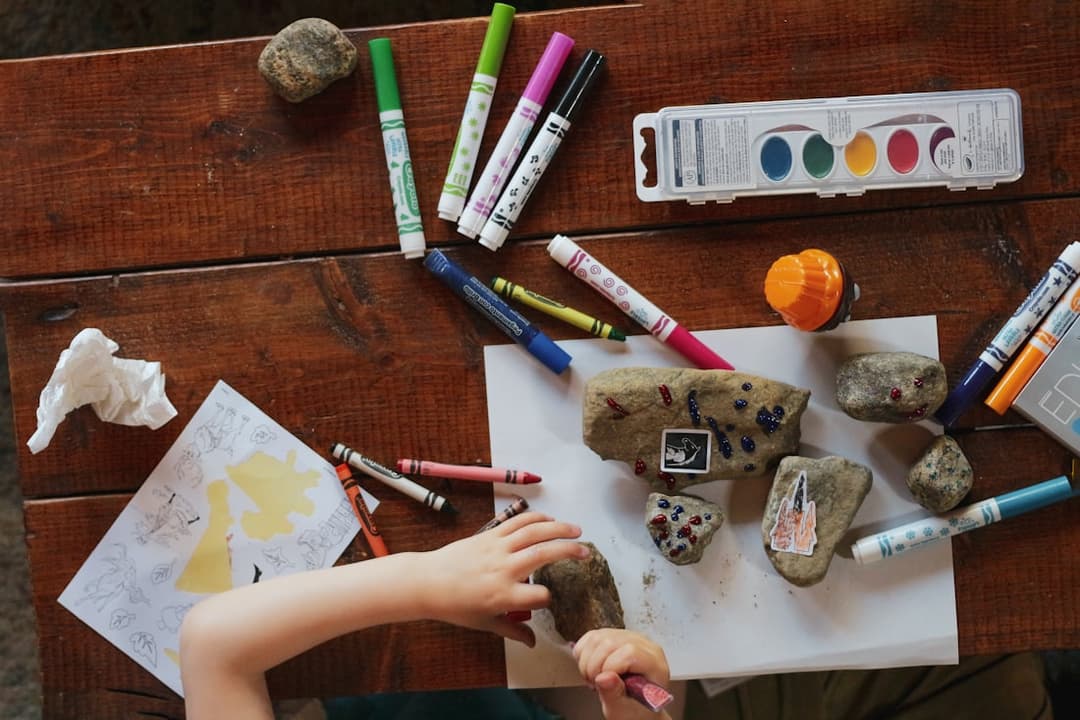 Kids art materials prepared for a holiday workshop